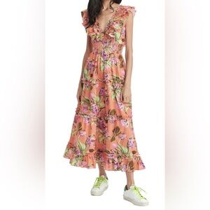 Love The Label Azaela Floral Ruffle Maxi Dress Topanga Coral Print Womens Size S